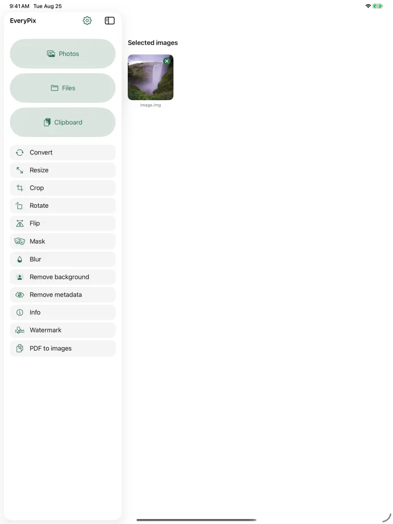 The sidebar with the twelve operations, the work on the right