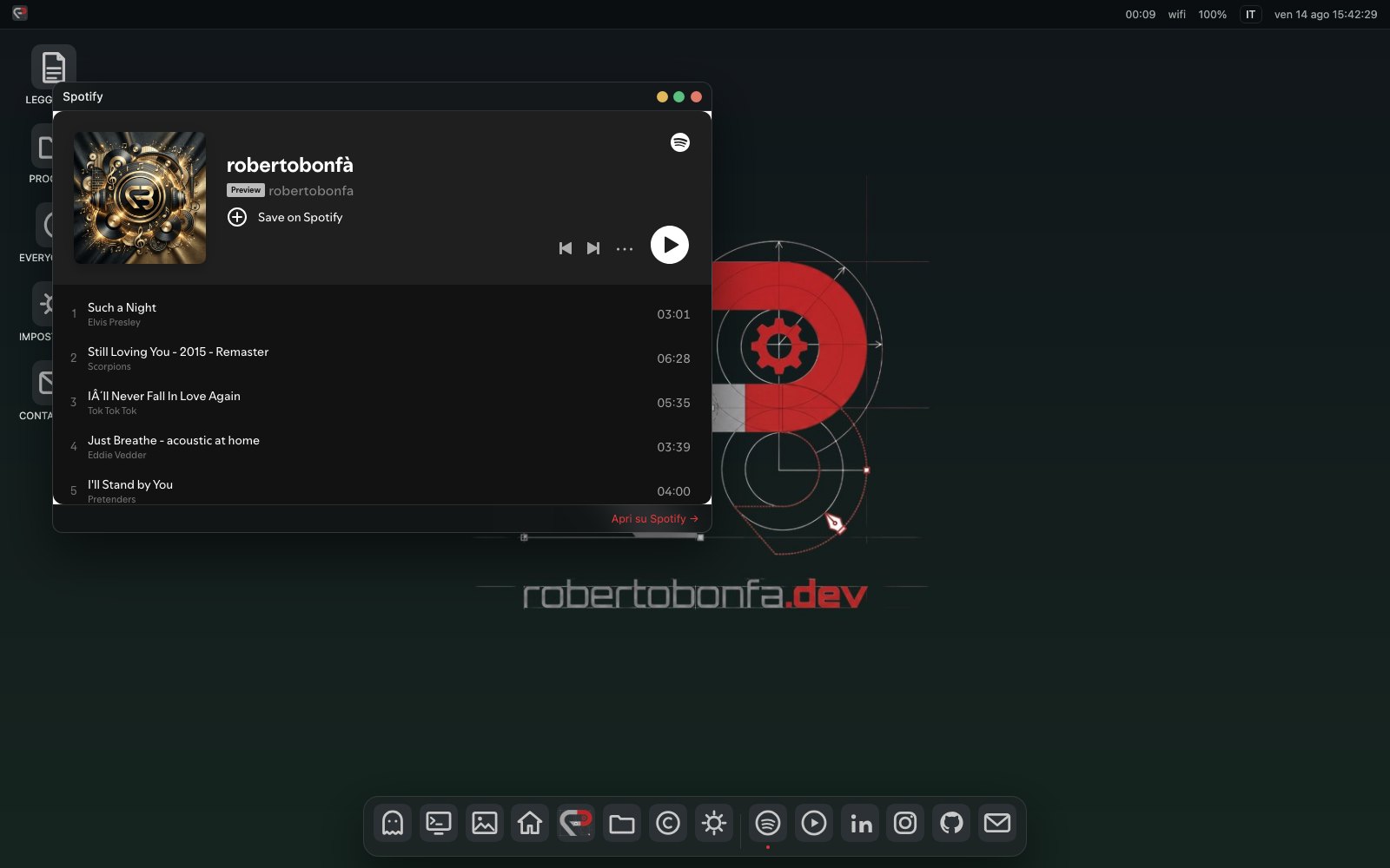 Questo sito - La finestra Spotify con la playlist condivisa in riproduzione