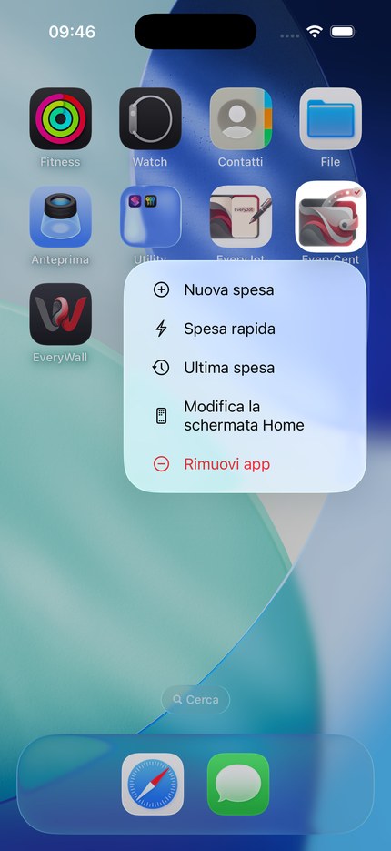 EveryCent - Le azioni sull'icona, tenendola premuta