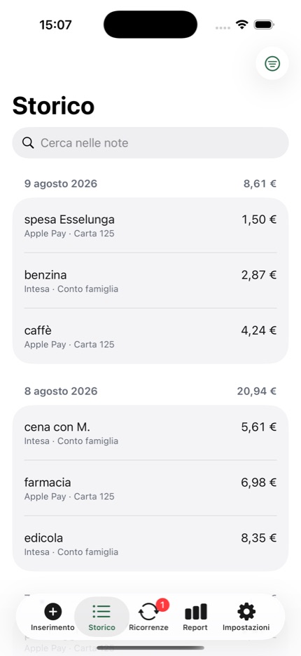 EveryCent - Storico delle spese