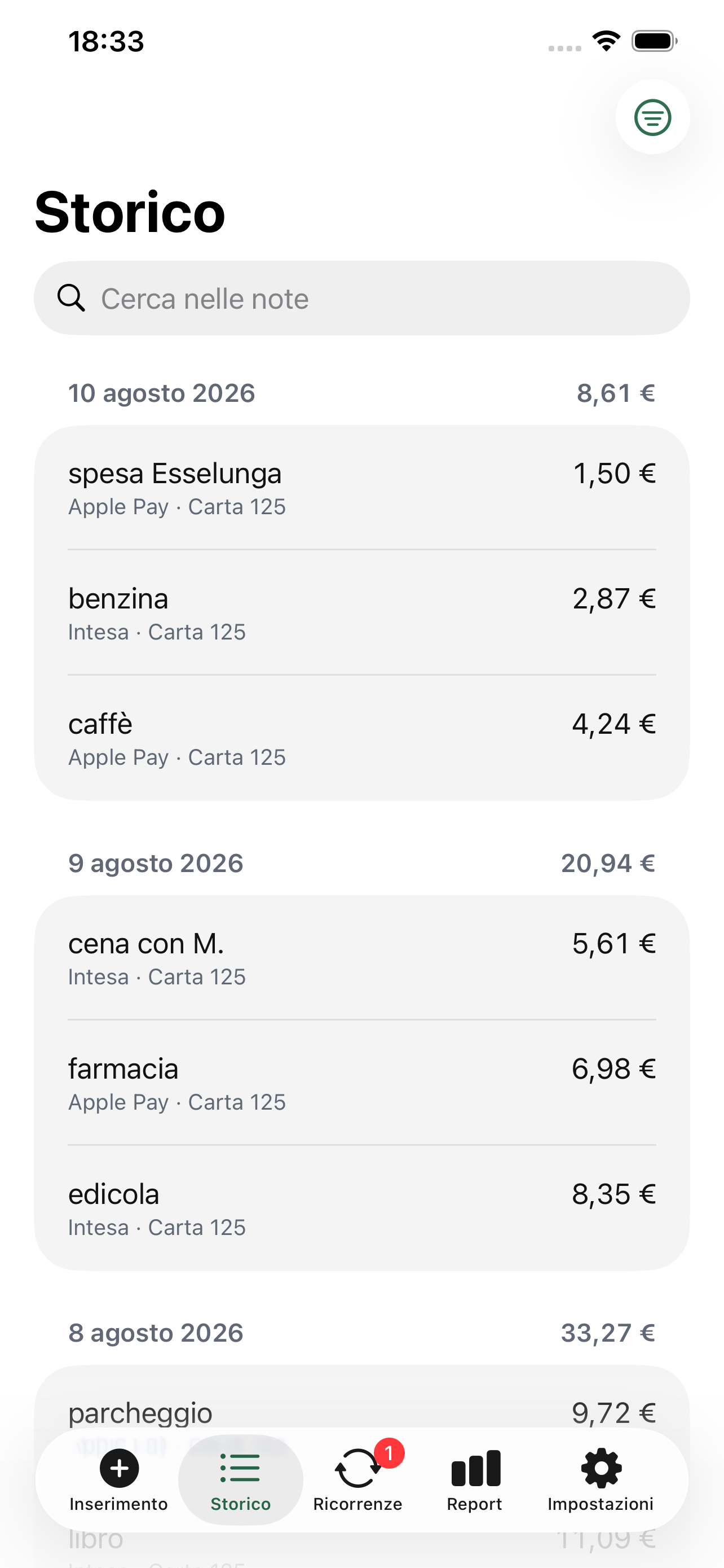 Lo storico, con ricerca e filtri