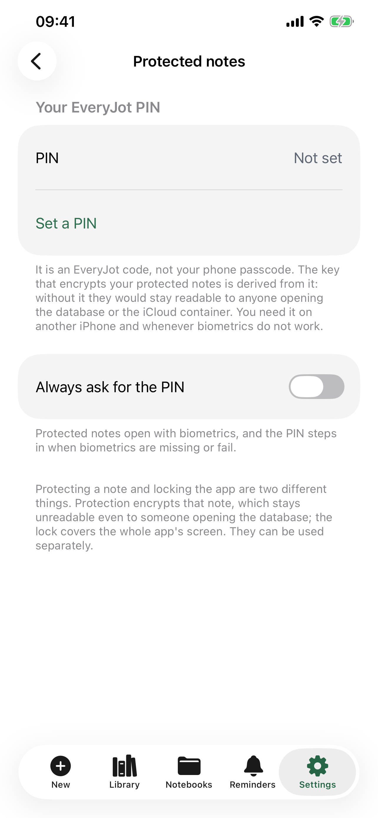 Protected notes, encrypted with a PIN