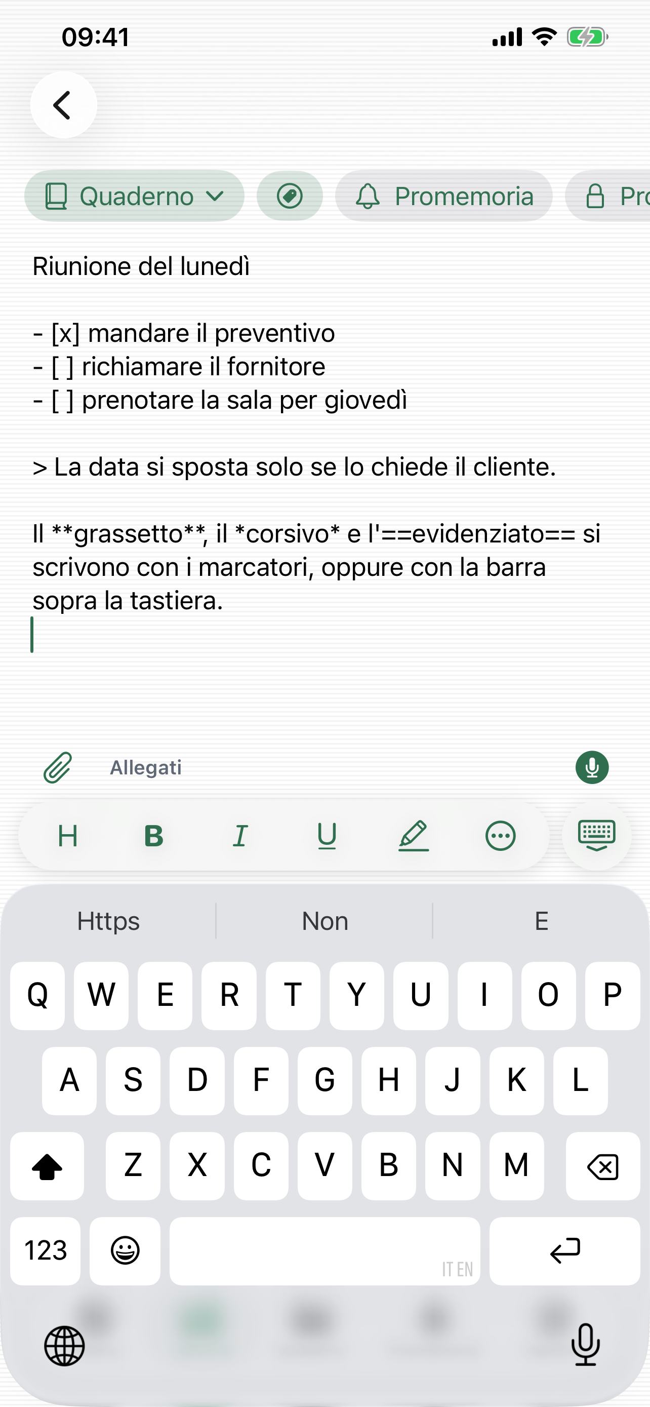 L'editor, che si apre già pronto a scrivere