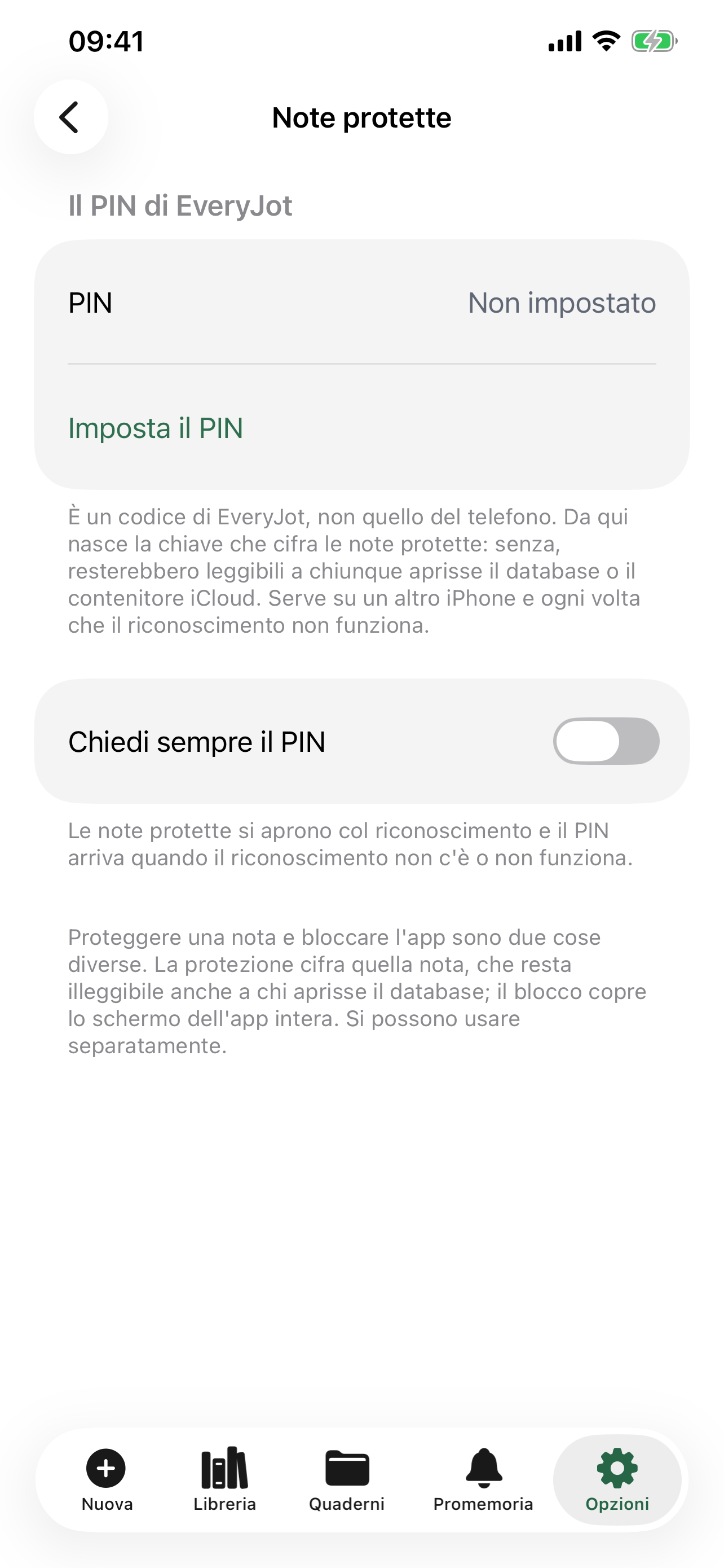 Le note protette, cifrate con un PIN